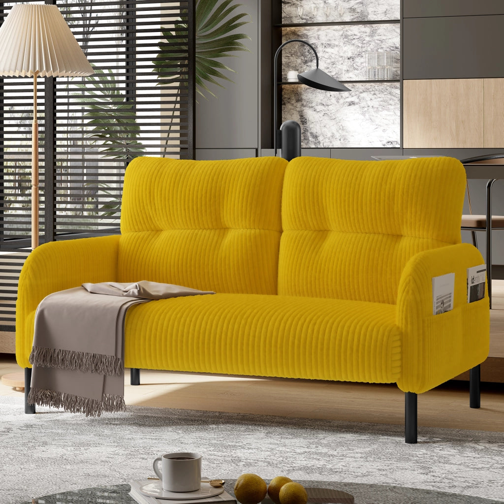 Divano Dritto 2 Posti con Schienale Alto e Tasca Laterale Comfort Ergonomico Piedini in Metallo in Velluto a Coste Giallo
