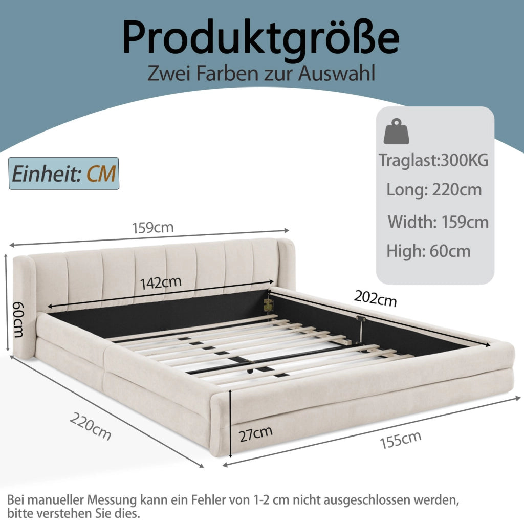 Letto matrimoniale 140x200 cm rivestito in chenille beige con testiera ergonomica e struttura rinforzata