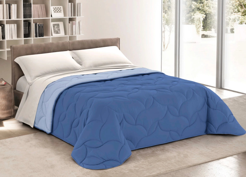 Trapunta Piumone Letto Invernale 300gr Microfibra Hilary Tinta Unita Bicolor - Piazza E Mezza - Azzurro-Blu