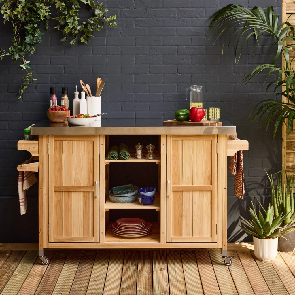 Carrello da cucina da esterno in legno con maniglie e 7 vani