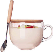 Magnetronkom di vetro da 450 ml con coperchio in legno, inclusa cucchiaio con manico in legno, tazza da caffè in vetro e the.