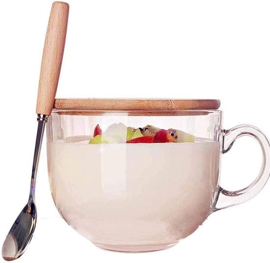 Magnetronkom di vetro da 450 ml con coperchio in legno, inclusa cucchiaio con manico in legno, tazza da caffè in vetro e the.