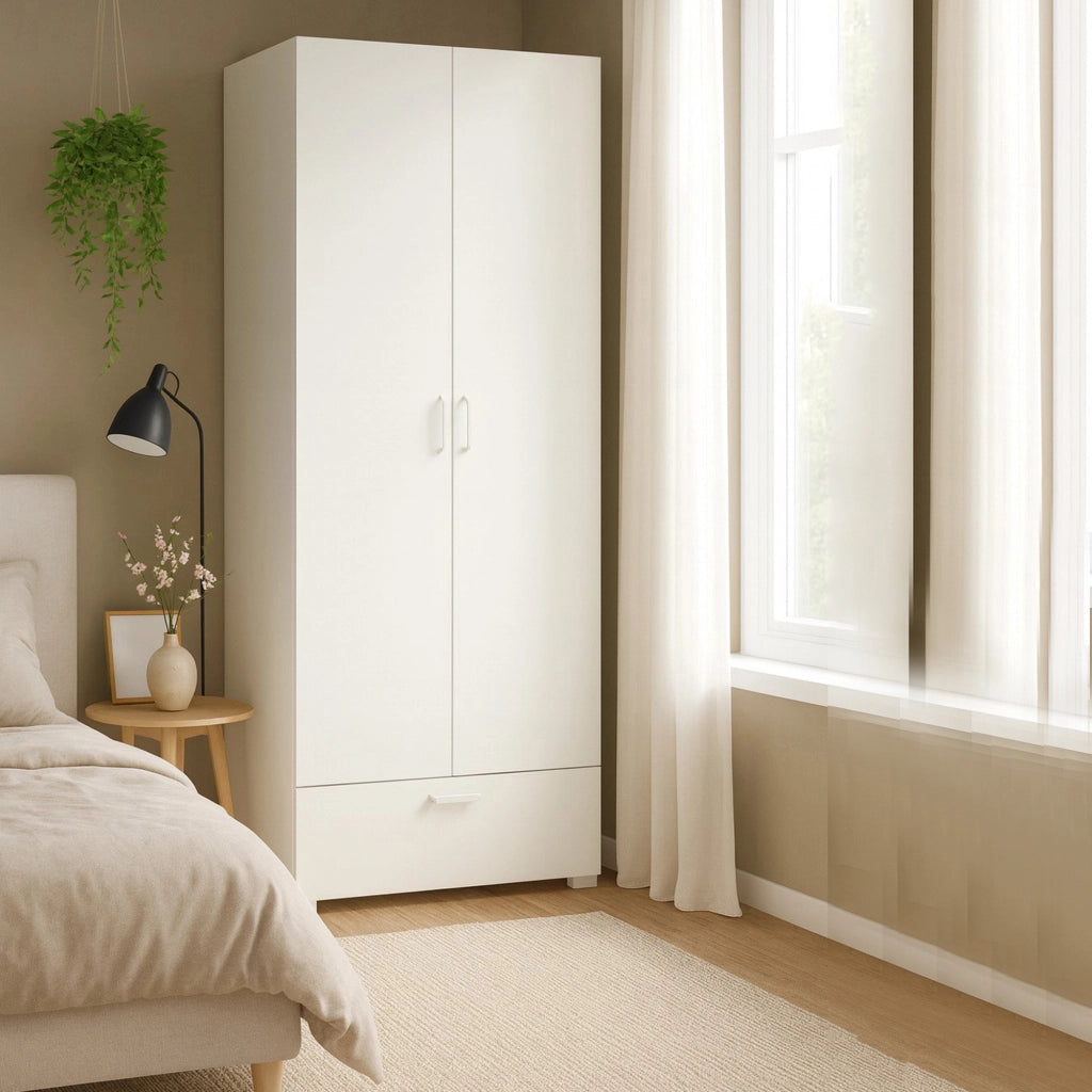 Armadio Camera da Letto Centaurea, Guardaroba 2 Ante Appendiabiti Made in Italy, 52.00x180.00h cm Bianco