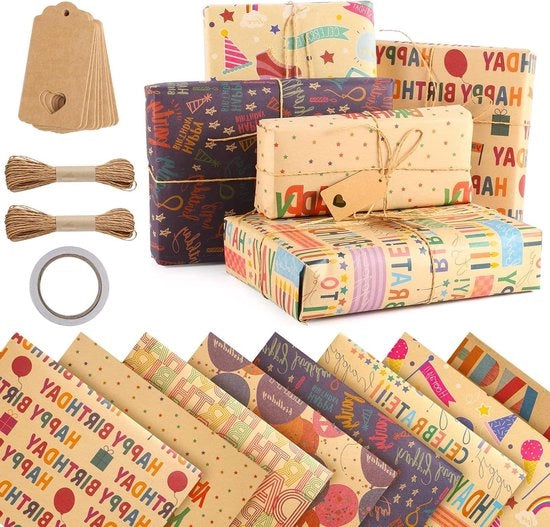 Set di Carta da Regalo per Compleanno - 8 Fogli 70 x 50 cm con Nastro Adesivo, 2 Cordoni di Canapa e 8 Appoggi per Carta Kraft - per Bambini, Uomini e Donne