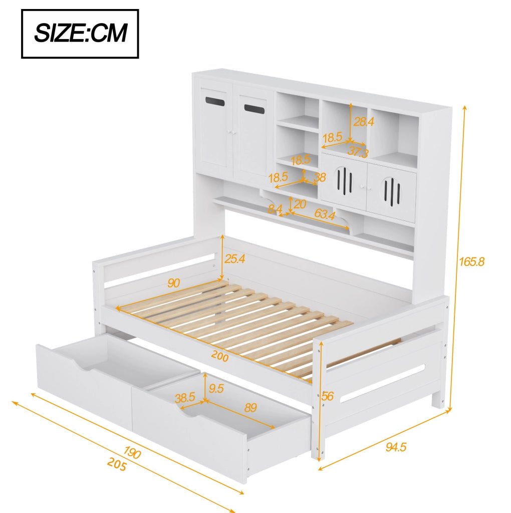 Letto singolo 90x200 cm con cassetti e vani contenitore in pino bianco