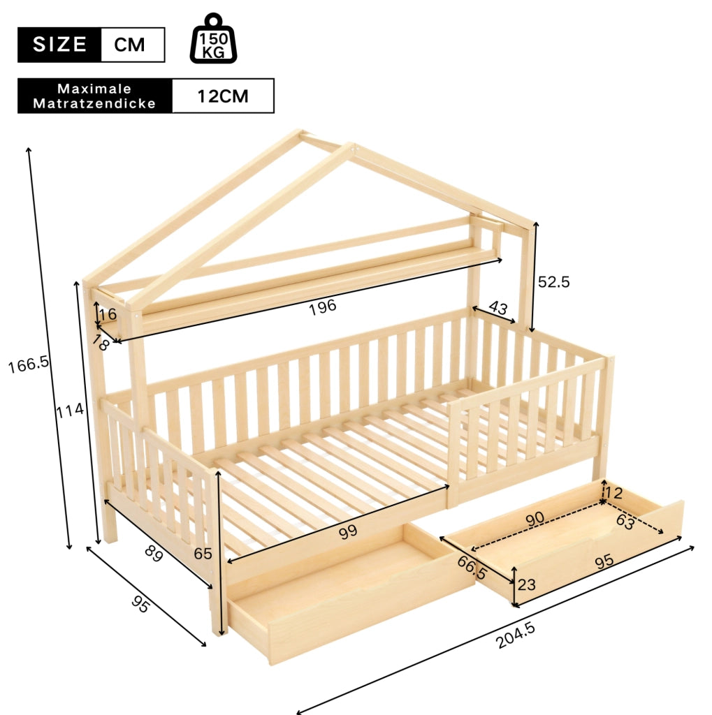 Letto per bambini a casetta con 2 cassetti; 90x200 cm; pino e MDF; naturale