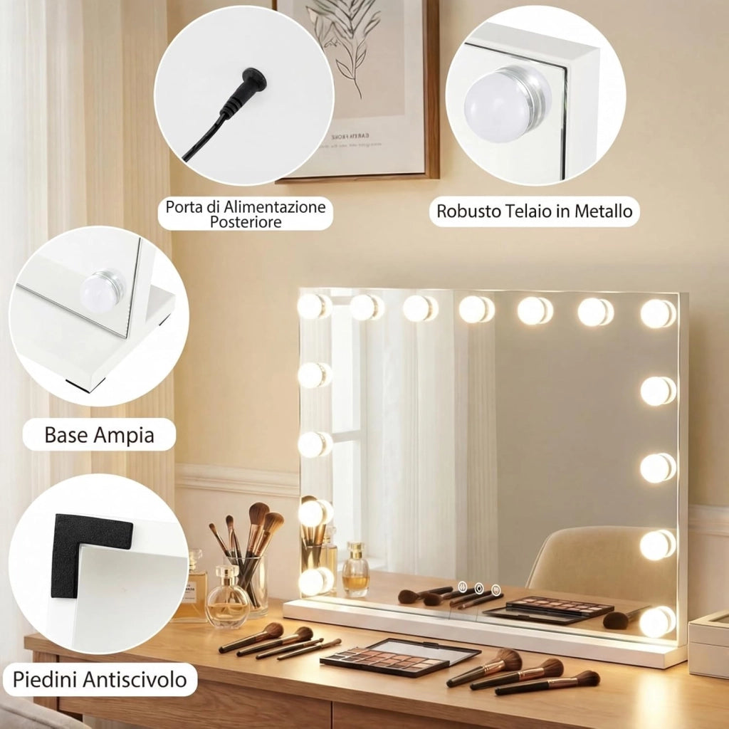 Specchio da Trucco Hollywood con Luci, 58x43cm, Specchio Illuminato da Tavolo con 3 Colori e Luminosità Regolabile, Controllo Tattile per Camera da Letto e Camerino