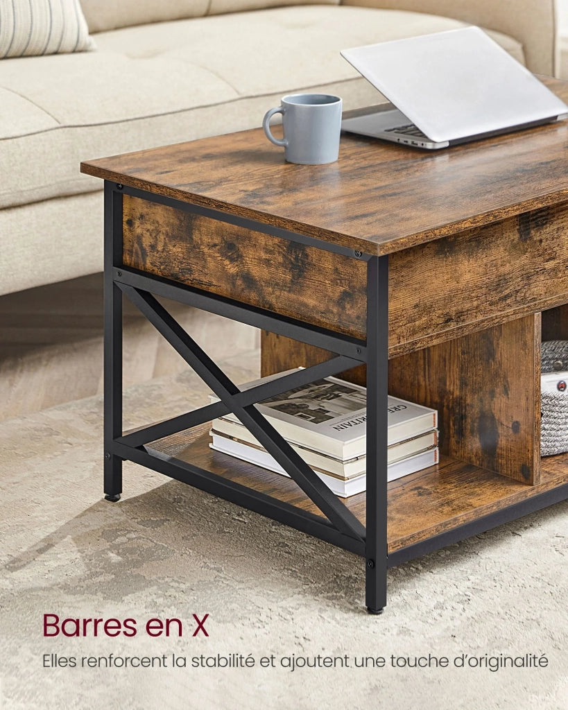 Tavolino da caffè/tavolo da soggiorno con piano sollevabile vano portaoggetti aperto e scomparto nascosto barre a X 60 x 100 x 62 cm marrone 12_0007471