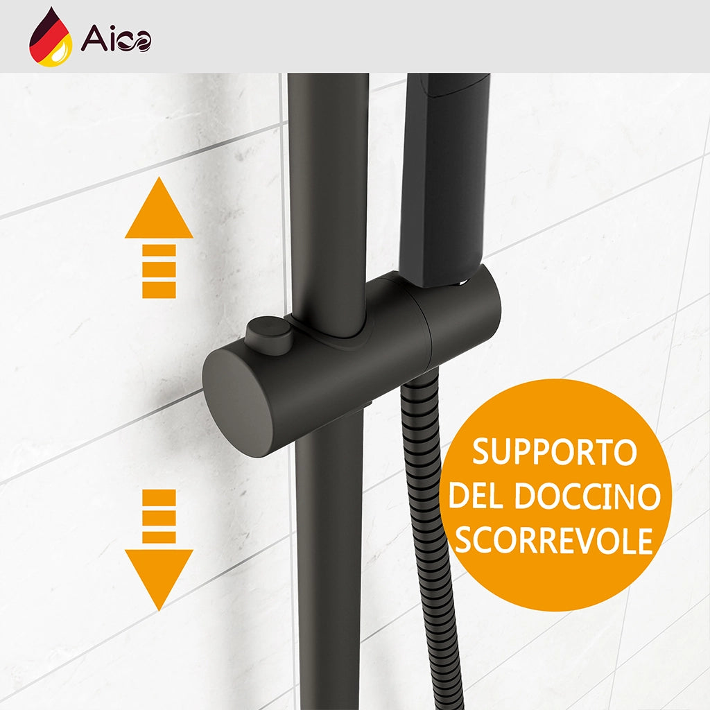 AICA Colonna doccia con miscelatore termostatico, rubinetto doccia 28x4cm, soffione doccia quadrato 30x30cm in acciaio inox nero