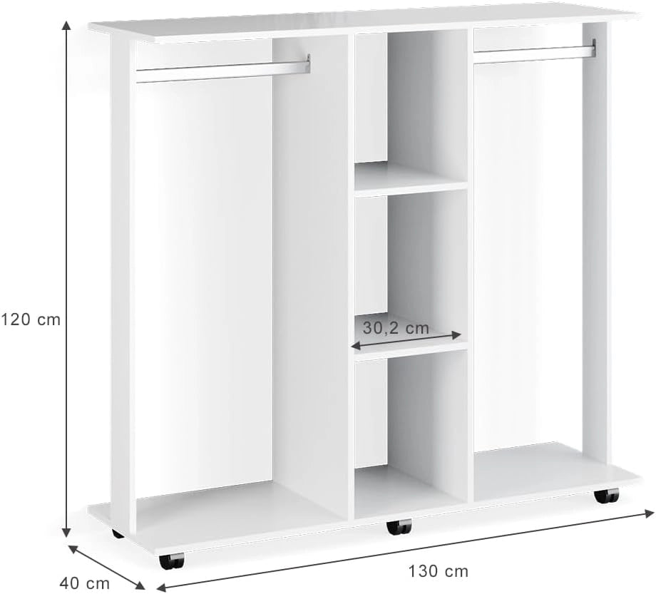 Armadio multifunzione Robbie, Bianco, 130 x 120 cm, su ruote per posizionamento flessibile e facile spostamento
