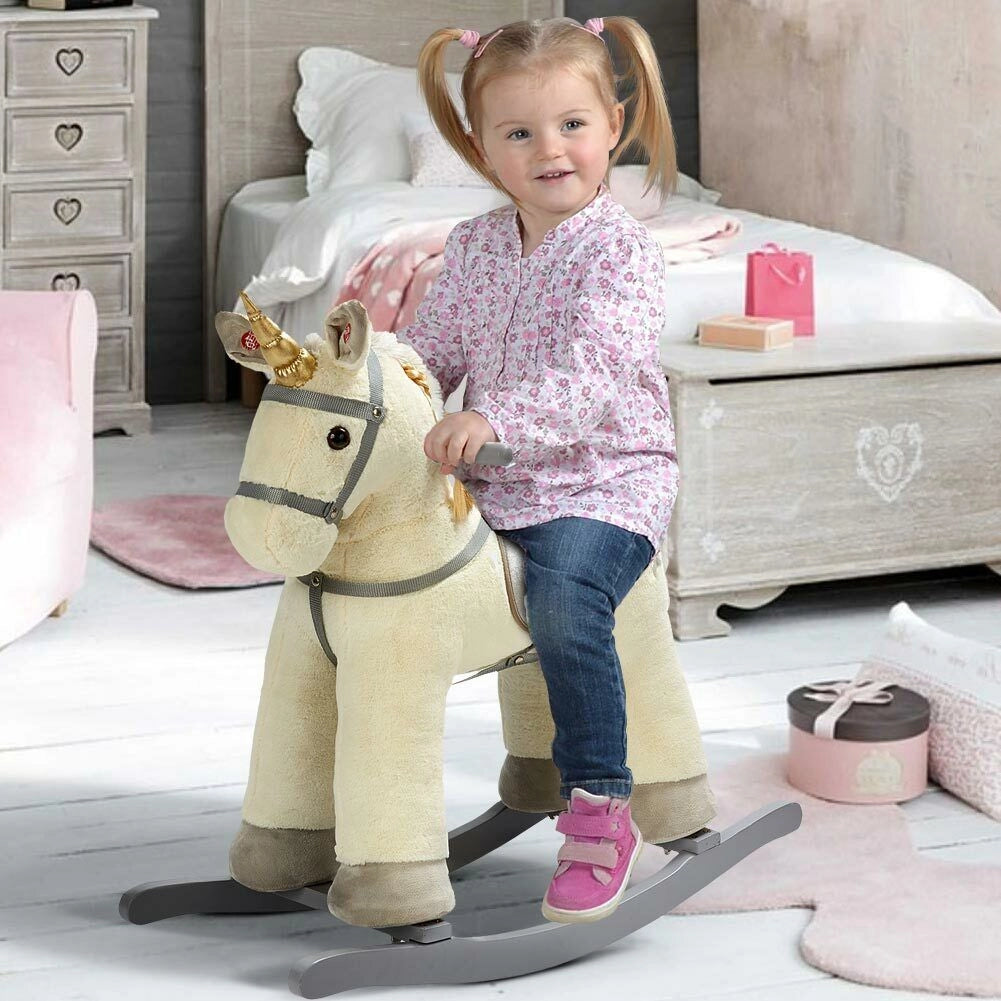 Cavallo a Dondolo Unicorno Beige in Peluche con Suoni Realistici Base in legno 3+