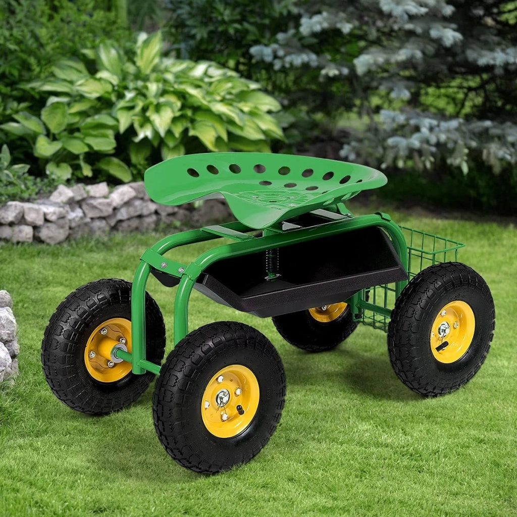 Sgabello da Giardino, Sgabello per Giardinaggio con Ruote, Sedile Regolabile in Altezza e Girevole a 360°, Cestello e Vassoio, Carrello per Prato e Giardino, Portata 150 kg(Verde)
