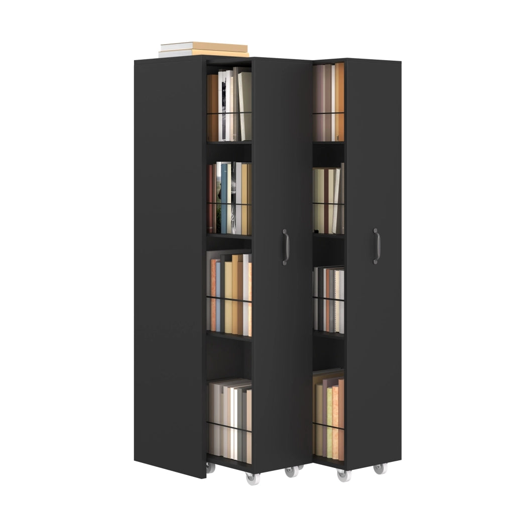 Libreria estraibile nera in MDF con ruote, 4 ripiani