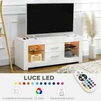 Mobile Porta TV da 55" con Luci LED a 12 Colori e Telecomando, Legno e Vetro 120x40x50cm, Bianco