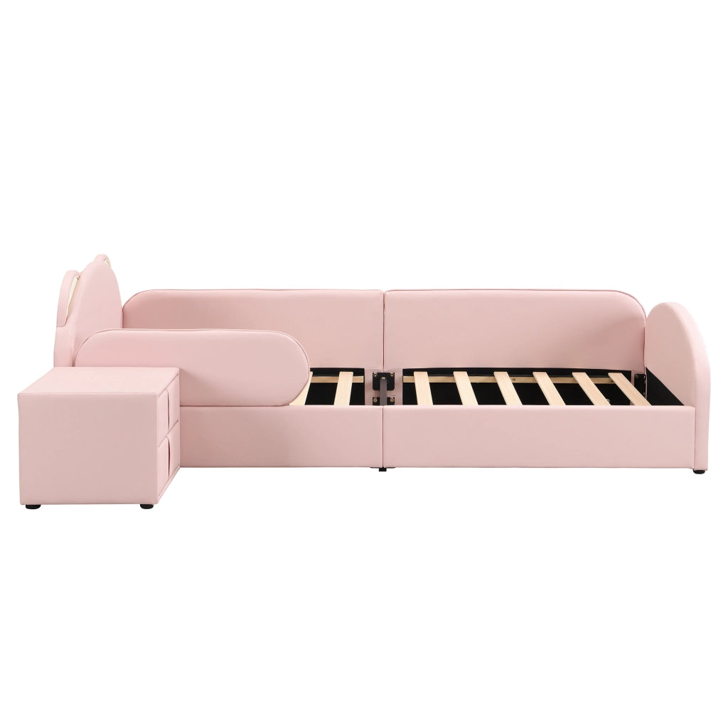 Letto imbottito 90x200 cm con testiera a forma di orso e comodino in PU rosa