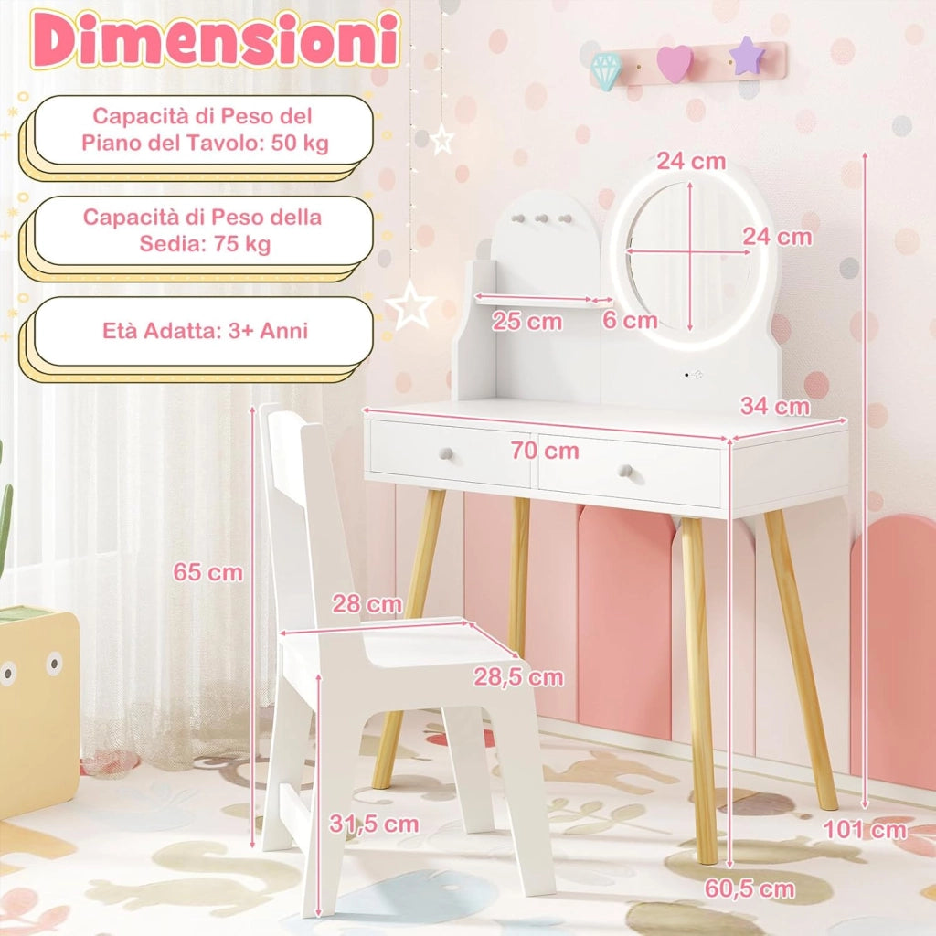 Set Toeletta Trucco per Bambini con Specchio Illuminato, Set Tavolo e Sedie con Ripiano Aperto, Ganci e Cassetti, Mobile da Leggere, Disegnare e Scrivere per Cameretta, Bianco