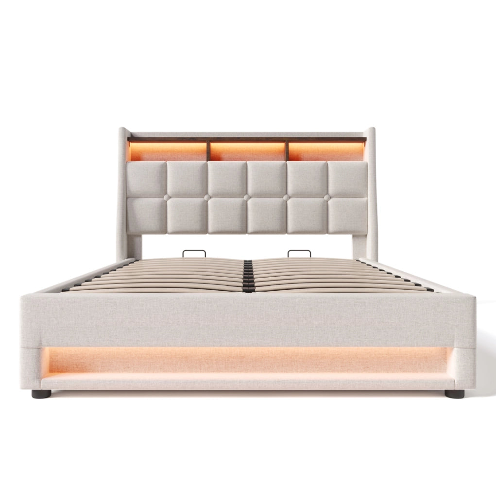 Letto imbottito beige 160x200 cm con LED, USB e contenitore