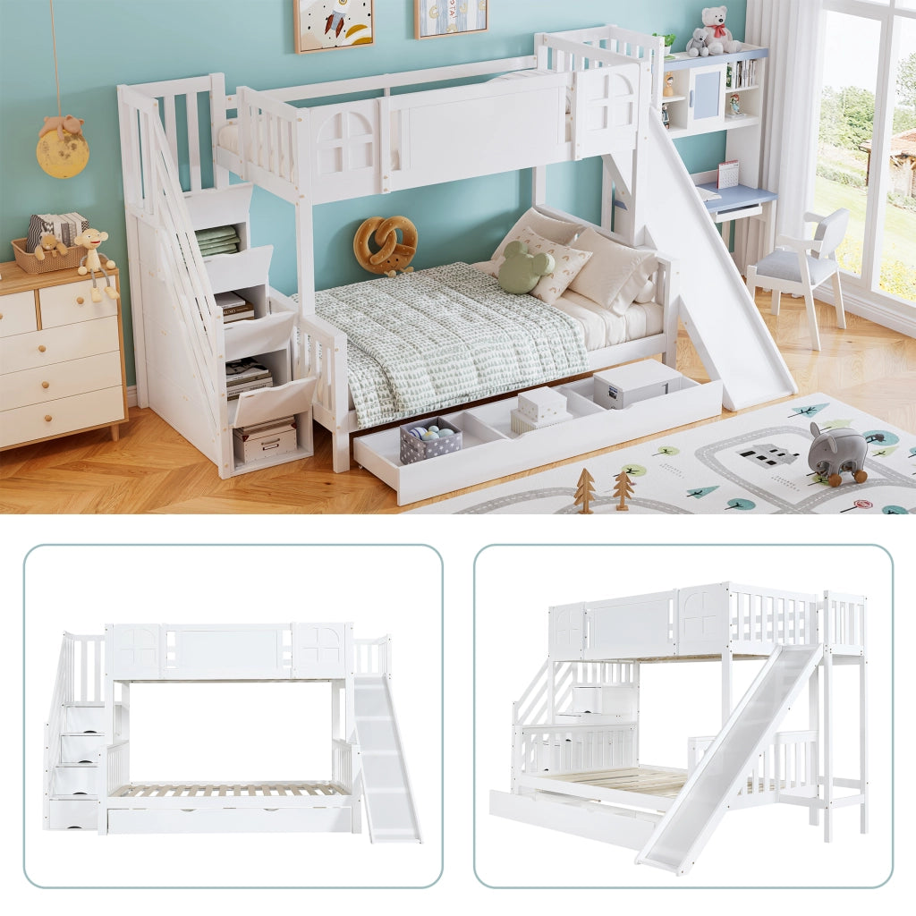 OKWISH Letto a Castello 90×200 cm e 120×200 cm, Letto 2 Posti con Scivolo, Cassetto e Scala Contenitore, senza Materasso, Bianco