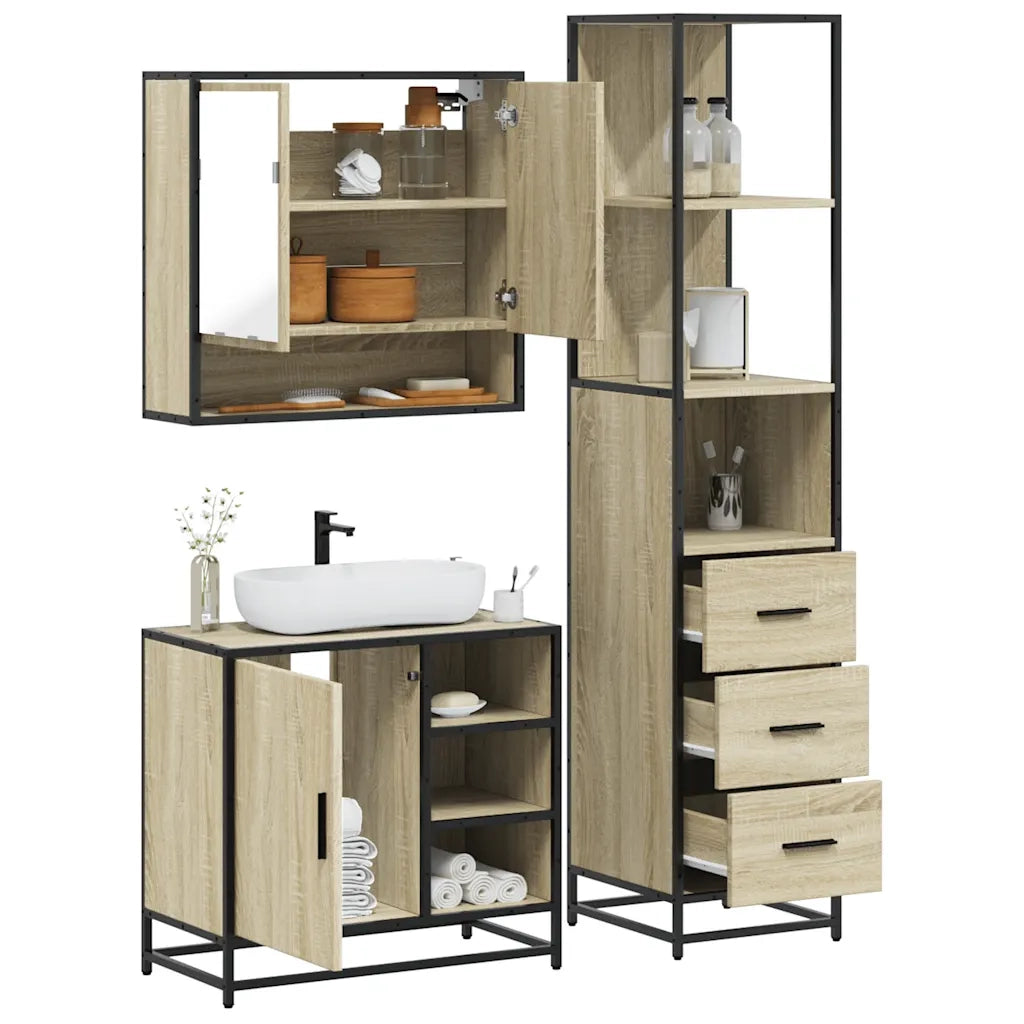 Set Mobili da Bagno 3 pz Rovere Sonoma in Legno Multistrato
