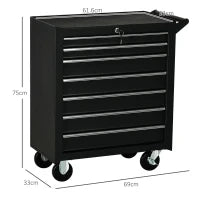 DURHAND Carrello da Officina con 7 Cassetti, Serratura con Chiavi, Ruote e Maniglia, 69x33x75cm, Nero