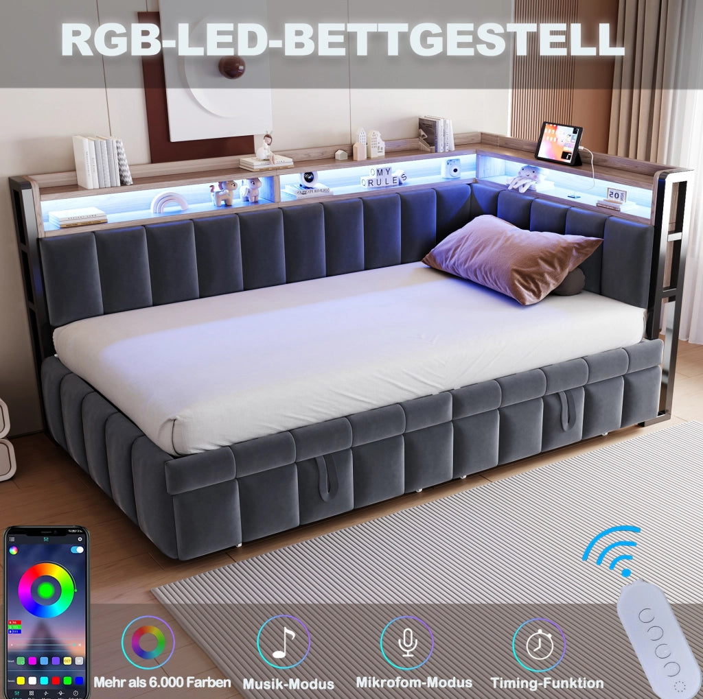 Letto estraibile 90x200 cm con secondo letto; LED regolabile; USB-C e vani; velluto grigio