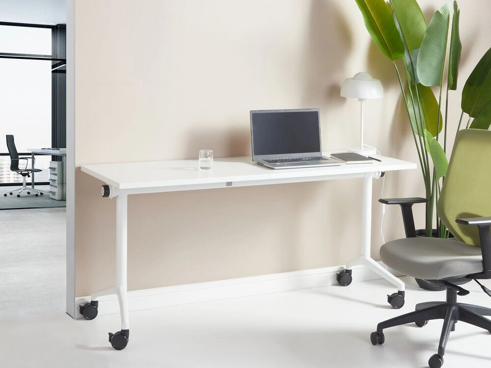 Scrivania rettangolare pieghevole con rotelle portatile con struttura in metallo bianco 160 x 60 cm stile moderno