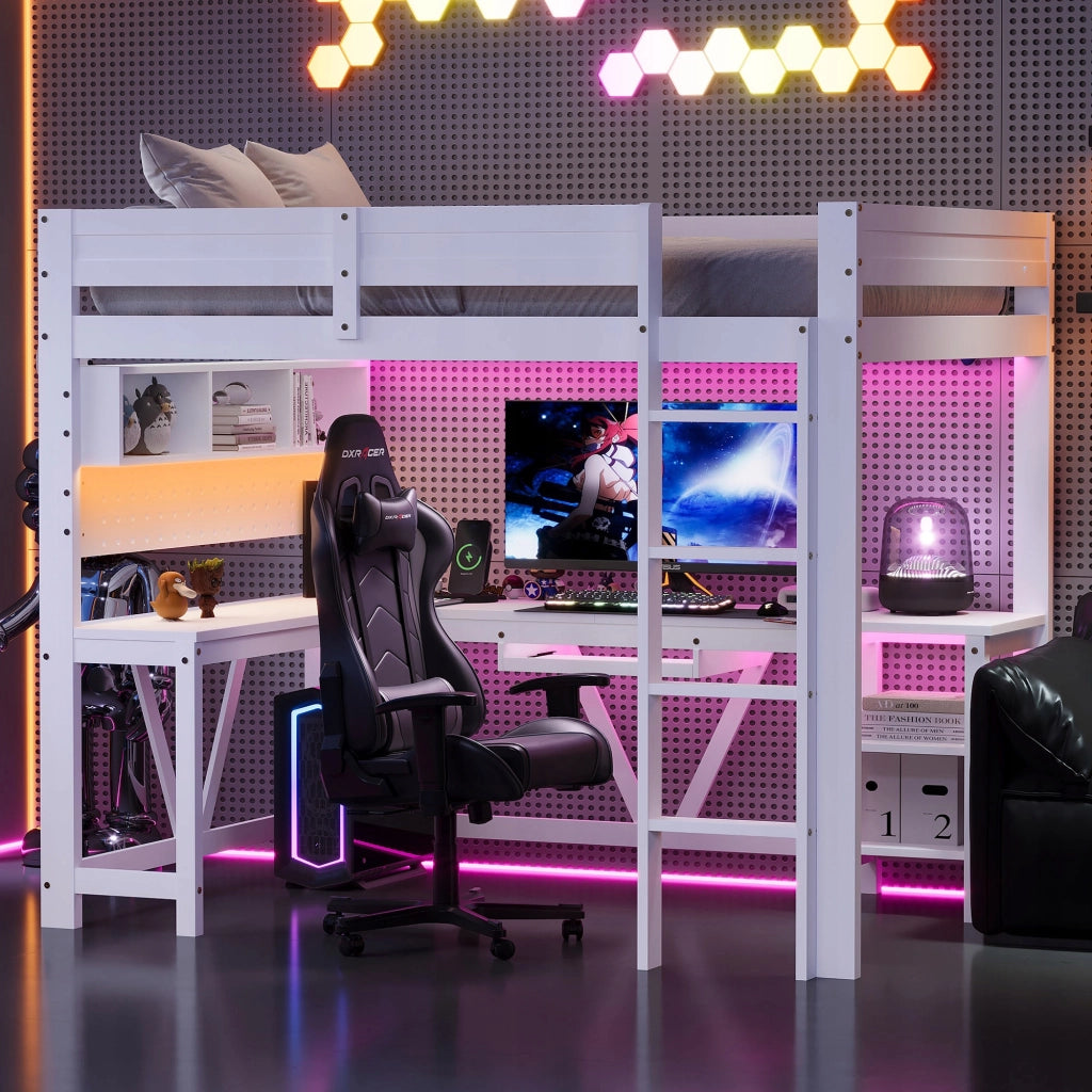Letto gaming con scrivania - Xylo - 90x200 - Bianco - LED, ricarica, scaffali
