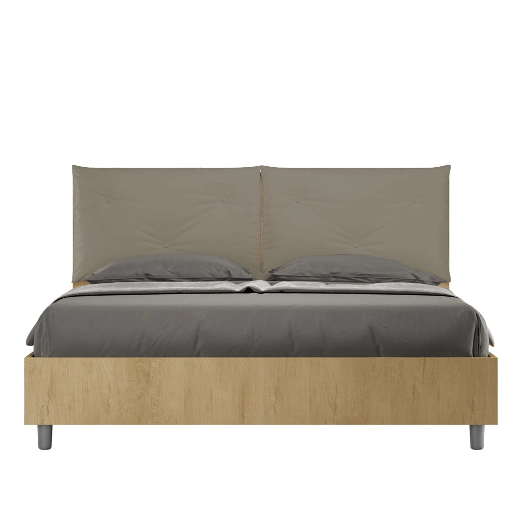 BS COM Letto matrimoniale con rete 160x200 Quercia cuscini similpelle cappuccino