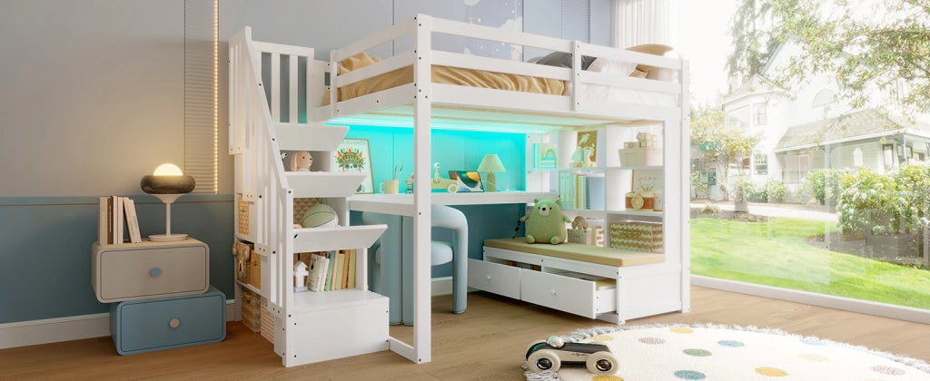 LETTO A CASTELLO 140x200 con scrivania, ripiani, cassetti e scala, bianco