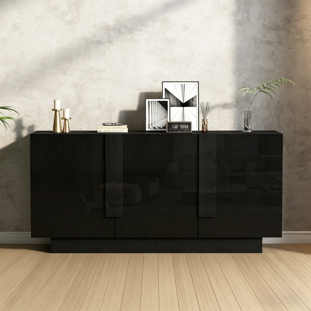 Credenza lucida, mobile da ingresso a 3 ante, ripiani regolabili, in truciolato, nero