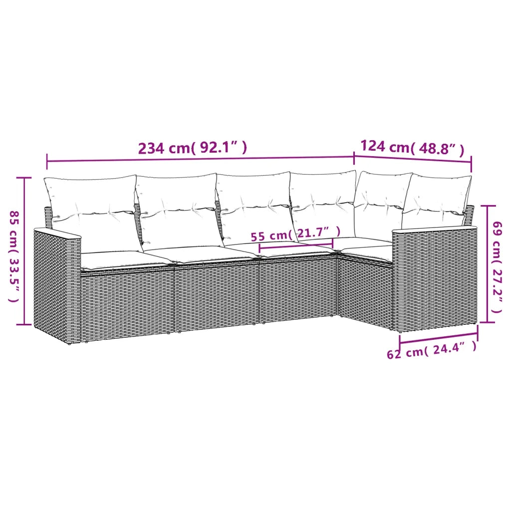 Set Divano da Giardino 5 pz con Cuscini Beige Misto Polyrattan