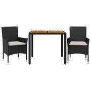 Set Pranzo da Giardino 3 pz | Set Salotto da Giardino con Cuscini Nero Polyrattan Acacia