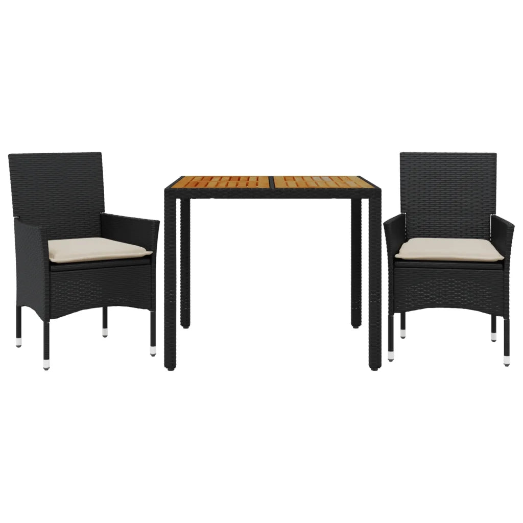 Set Pranzo da Giardino 3 pz | Set Salotto da Giardino con Cuscini Nero Polyrattan Acacia
