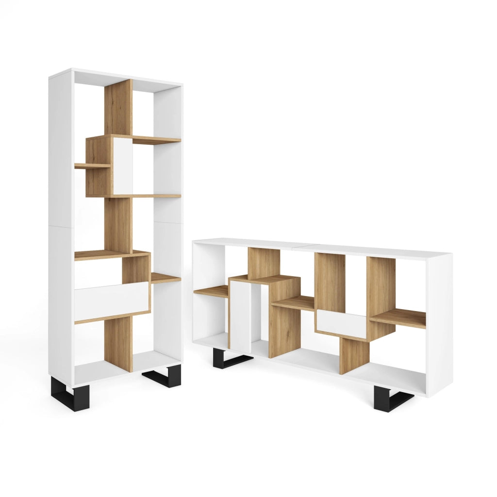 Libreria scaffale, 174x67x31, Design industriale, Bianco e Rovere RF4124