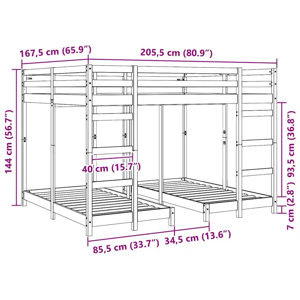 Struttura letto a castello triplo Cera marrone 160 x 200 cm