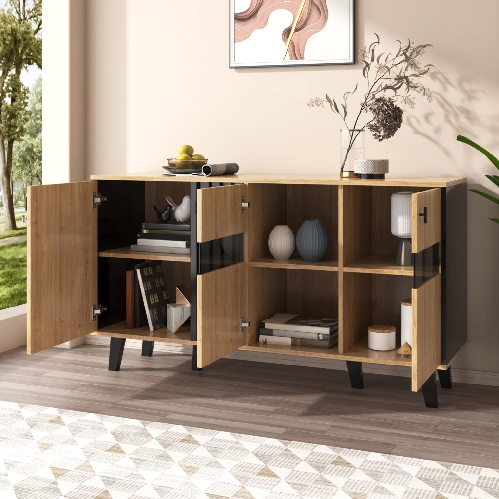 Credenza con 3 Ante; Ripiani; LED e Anta in Vetro; per Soggiorno; in Pannello di Particelle; 140 × 41 × 78.5 cm; Naturale