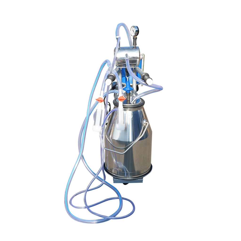 Dispositivo per mungitura di mucche, 1 postazione, 550W, 220V, bidone in acciaio inox da 25L, gruppo di mungitura con 2 manicotti, pressione del vuoto 45-50 kPa, pulsazioni 60-80 cpm.