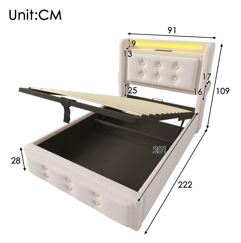 Letto singolo 90x200 cm con contenitore; LED; USB-C e testiera beige