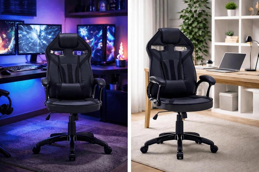 Scrivania KUBA con alzata bianco + poltrona DRIFT nero set 6 cassetti per ufficio e studio