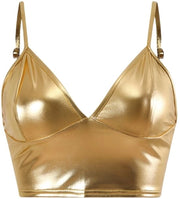 Top a manica corta per donne con finitura metallizzata, senza maniche, V-neck, spaghettibandoli regolabili, leggero e respirabile.