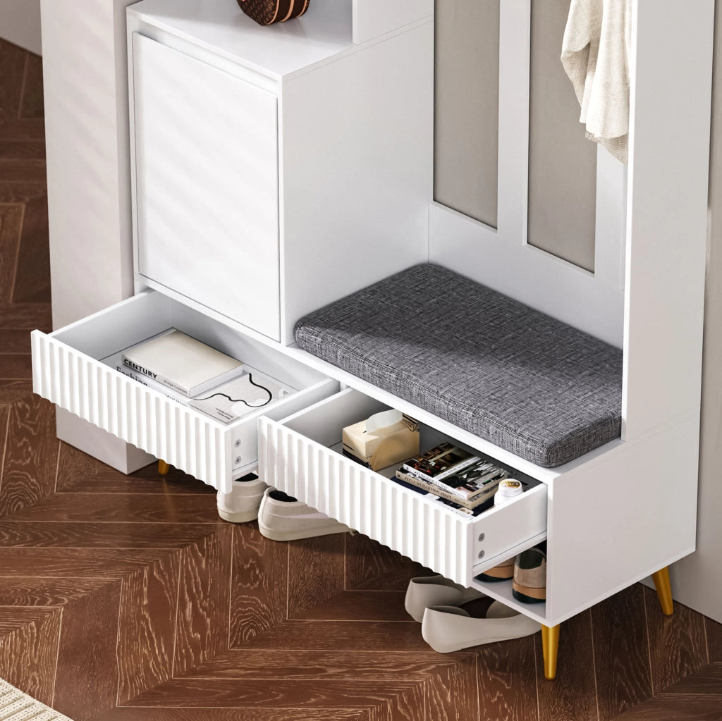 Mobile guardaroba da ingresso 100x35x180 cm in MDF bianco con panca e 4 ganci