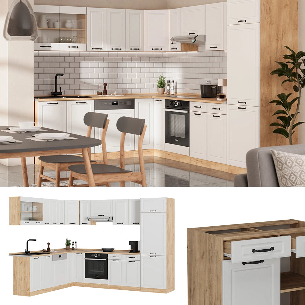 Cucina angolare completa R-Line Bianco/Rovere dorato 287 x 227 cm, PL Marmo Vicco