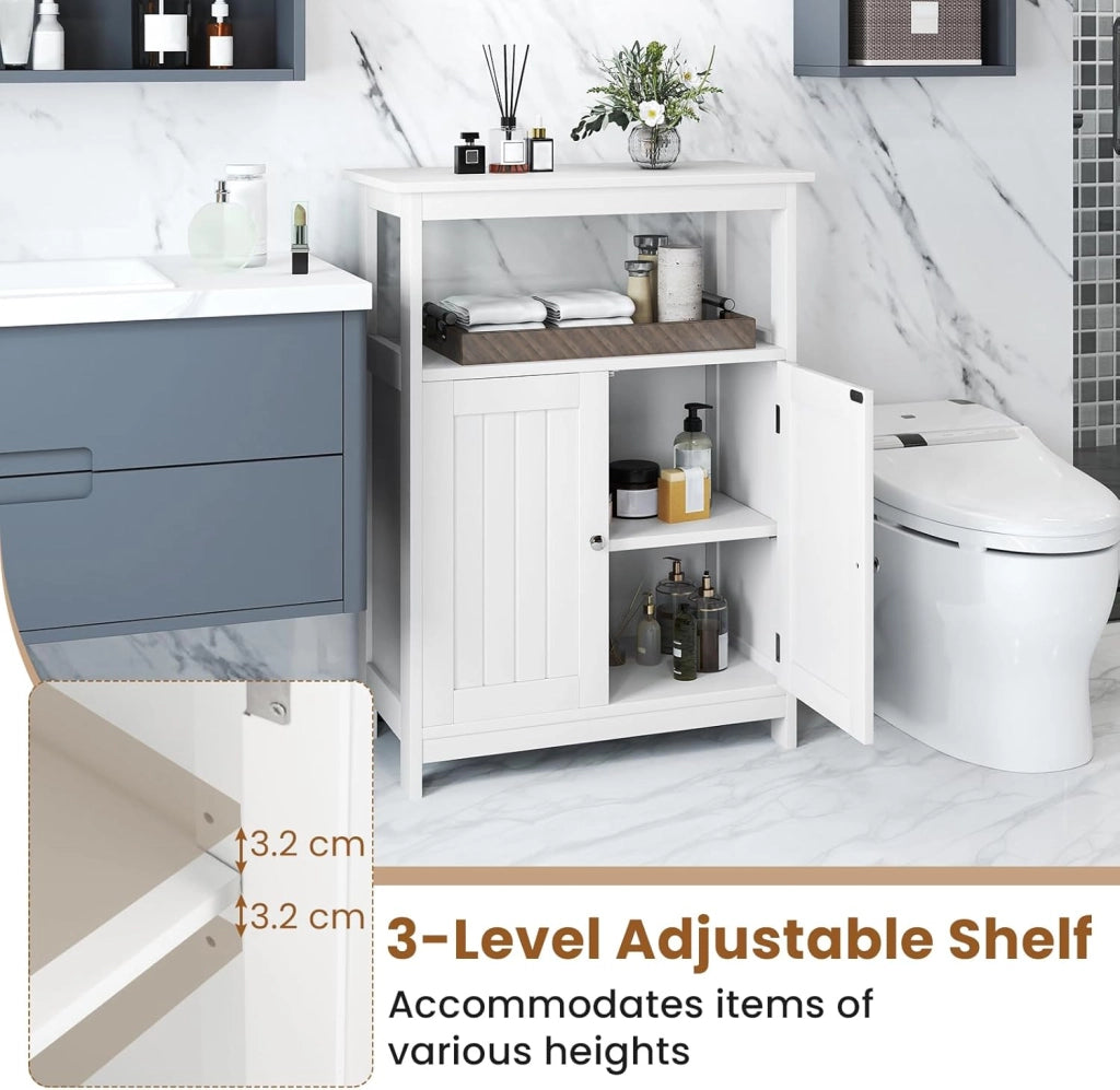 Armadietto da bagno con ripiano aperto e doppia porta, 60 x 30 x 80 cm, con sistema di sicurezza ribaltabile, armadietto multiuso per soggiorno, bagno e cucina (bianco)
