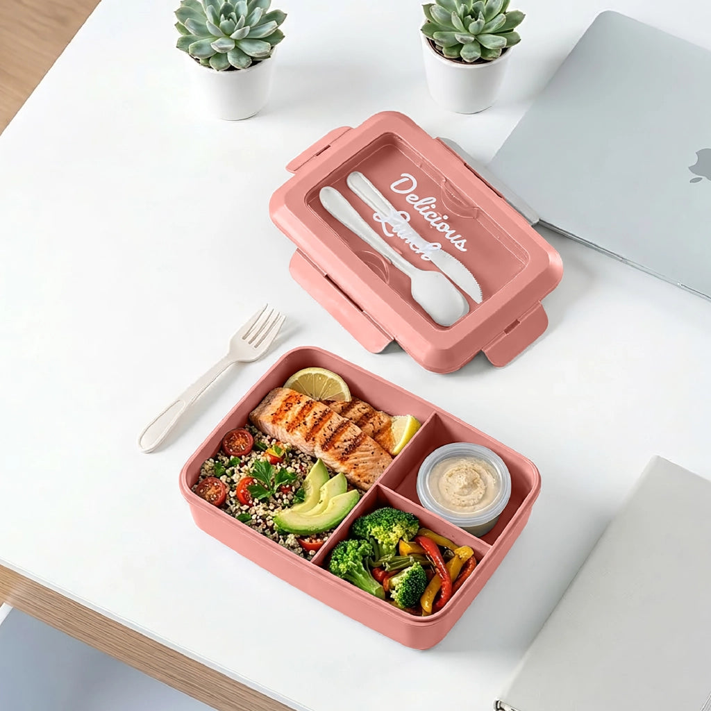 Set 2 Pezzi Lunch Box Porta Pranzo 1300 ml con 3 Posate, Contenitore Ermetico Per Alimenti BPA Free, Utilizzabile in Microonde e Lavastoviglie, Porta Pranzo con 3 Scomparti Rosa