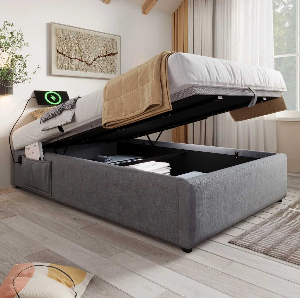 Letto contenitore singolo ULEVR 90x190 cm con sollevamento idraulico, USB e Type-C, rivestimento grigio