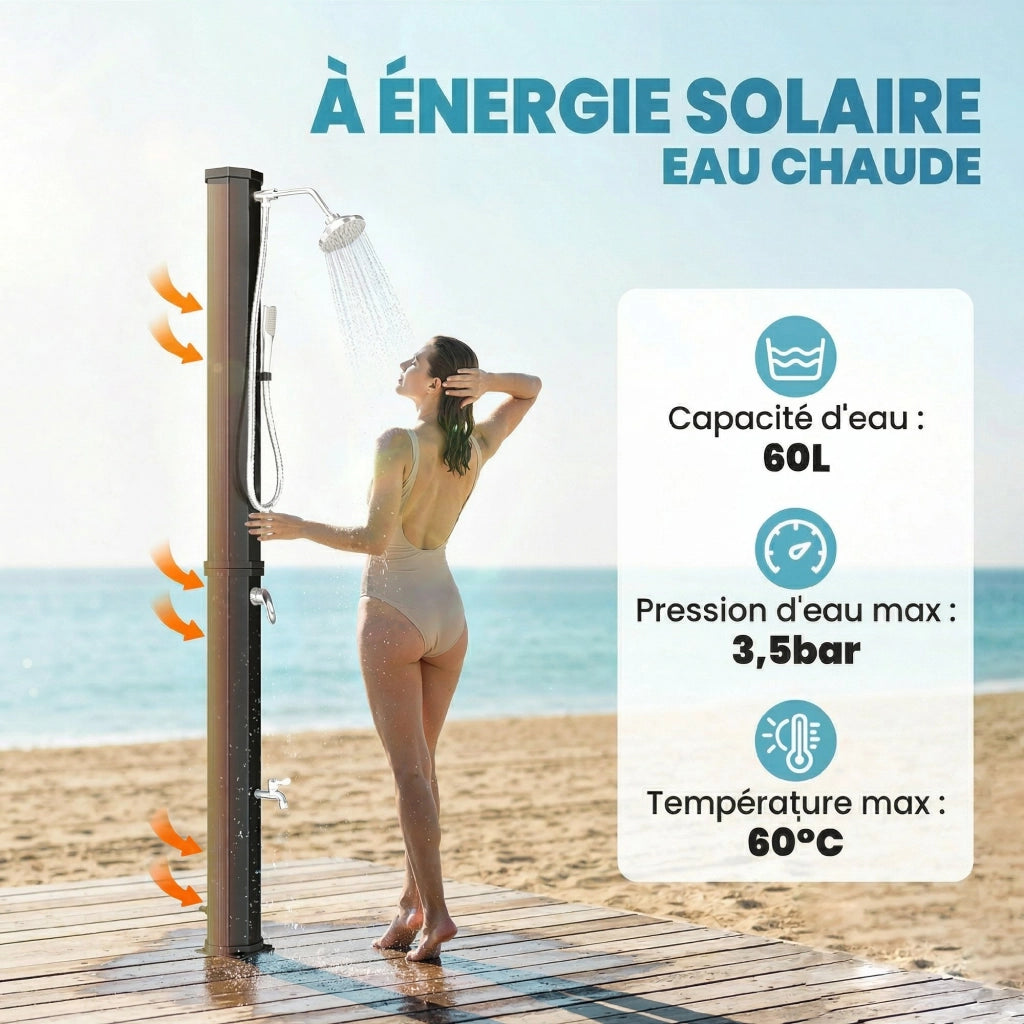 Doccia Solare da Giardino XXL 60L ¨C zephmum ¨C Nero 208 cm con Maniglia e Rubinetto
