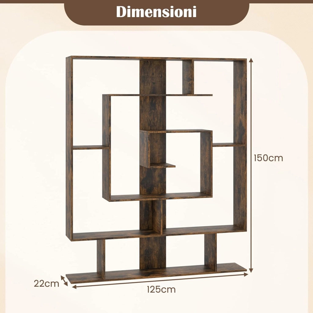 Libreria Scaffale Geometrico Spirale ad Angolo Retto a 7 Ripiani, Scaffale Espositivo in Legno Salvaspazio, Libreria per Camera da Letto, Soggiorno e Salotto, 125 x 22 x 150 cm (Marrone)