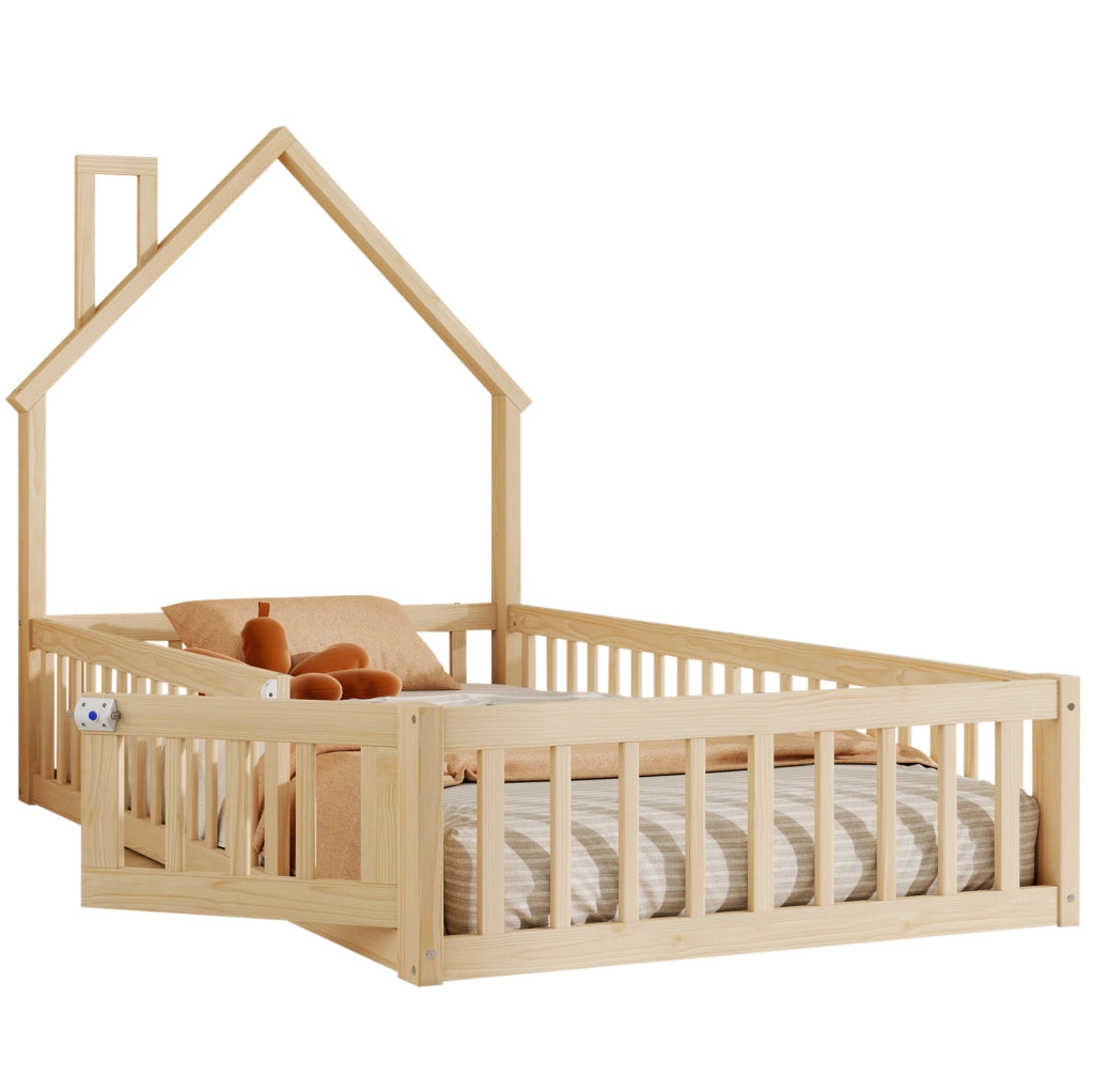 Letto casetta per bambini 90 x 200 cm in pino naturale con rete e barriera