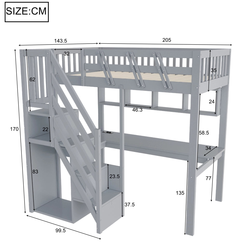 Letto a soppalco 90x200 cm con scrivania; scala contenitore e LED; grigio in legno