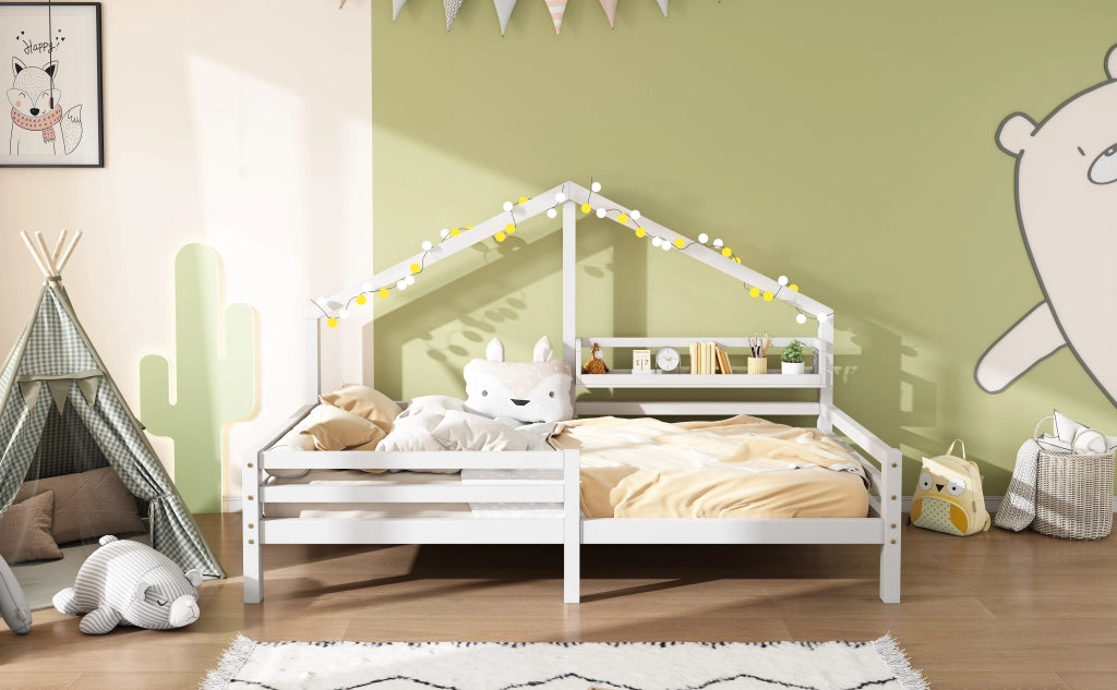 DESMIU Letto a Casetta per Bambini 1 Posto con Mensola e Barriera 90 × 200 cm, Senza Materasso, in Pino, Bianco